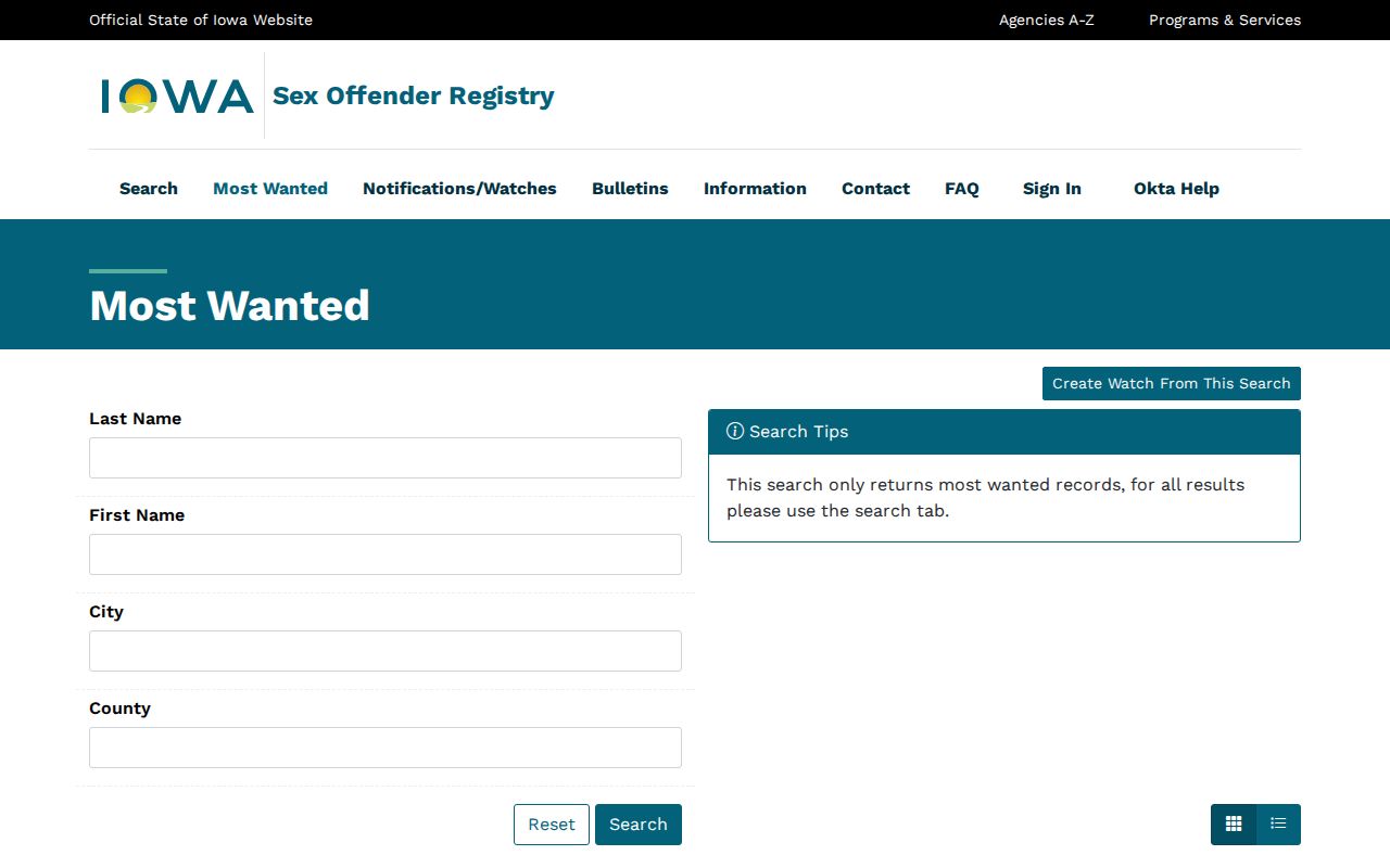 Iowa sex offender registry most-wanted interface